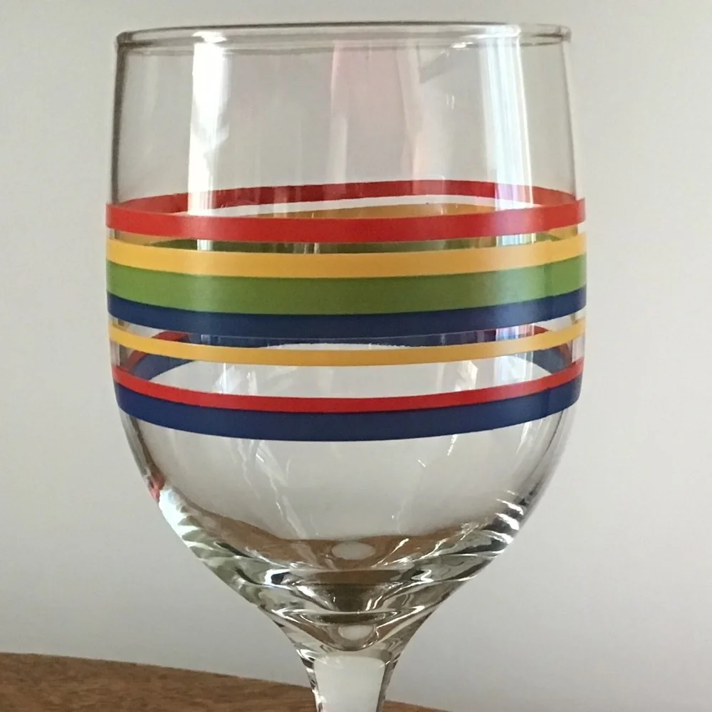 Vintage Libbey Fiesta Mambo Striped Wine Glass Blue Green Red Yellow Rings